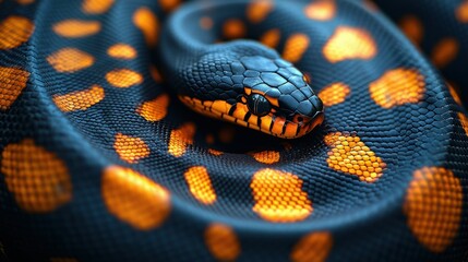 Fototapeta premium Close-up of coiled snake with vibrant orange spots in a dark habitat