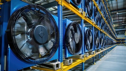 Fototapeta premium Rows of Blue and Yellow Industrial Fans in a Data Center