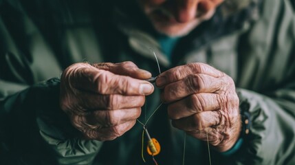 An elderly persons hands tying fishing line to lure carefully