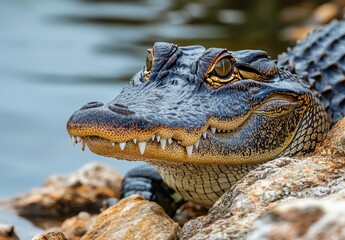 Obraz premium Close-Up of a Crocodilian Reptile with Intricate Scales and Sharp Teeth Near the Water's Edge in a Serene Natural Environment