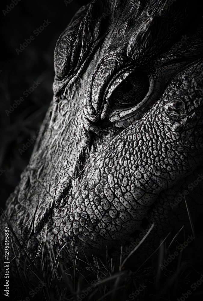 Poster close-up of a detailed reptile skin texture showcasing intricate patterns and features in black and 