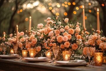 Elegant wedding setup outdoors with pastel floral arrangements and candles, creating romantic atmosphere