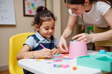 Fototapeta premium A Young Hispanic Girl Engaged in Creative Art Activities with a Female Teacher in a Colorful Classroom Setting Focused on Learning and Development