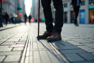 A Stylish Middle-Aged Man with a Cane in Dark Clothes Walking on a Busy Urban Street, Capturing the Essence of City Life and Accessibility