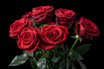 Obraz premium high quality realistic rose bouquet isolated on black background Dark background, vibrant red roses, dramatic lighting, high contrast, botanical photography, lush petals, 