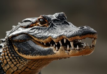 Fototapeta premium Close-Up of a Fierce Alligator Head With Sharp Teeth and Detailed Scales in Natural Habitat Showcasing Predatory Features and Intense Expression