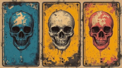 Three weathered signs with skull drawings