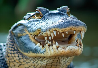 Fototapeta premium Close-up of a fierce crocodile showcasing sharp teeth and textured scales in vibrant natural habitat, emphasizing the beauty of wildlife and nature photography
