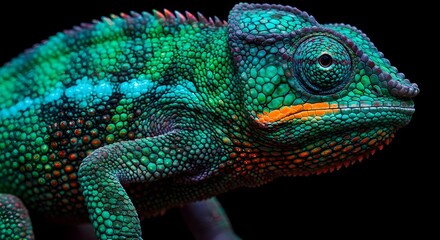 Fototapeta premium Vibrant Green Chameleon With Striking Orange Eyes On Black Background