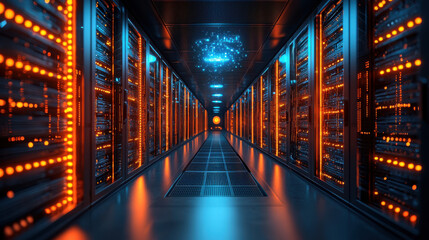 Fototapeta premium Futuristic data center with glowing servers and holographic visuals, showcasing advanced technology and innovation