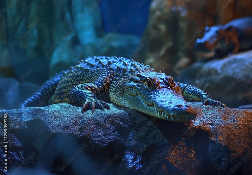 Poster close-up of a lizard on rocks with unique texture and colorful lighting in a natural habitat environ