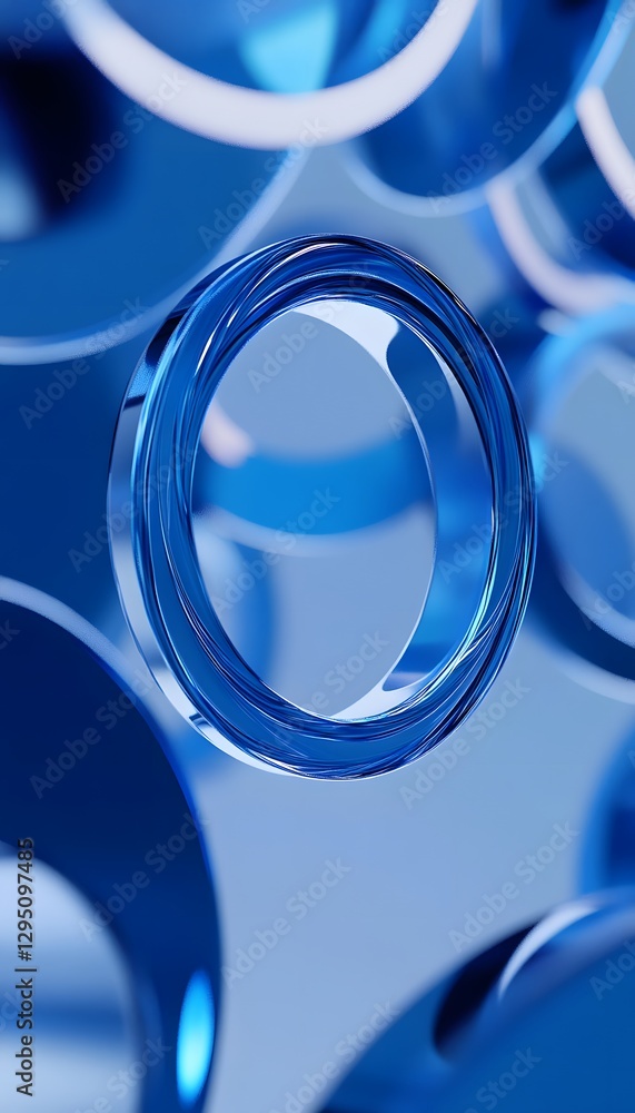 Poster floating translucent blue rings are arranged in an abstract pattern
