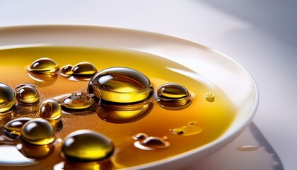 Macro shot of olive oil droplets forming abstract shapes on a white plate, showcasing fluid patterns and vibrant golden hues.