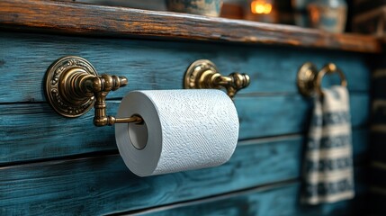 Toilet paper on brass holder, rustic blue bathroom interior