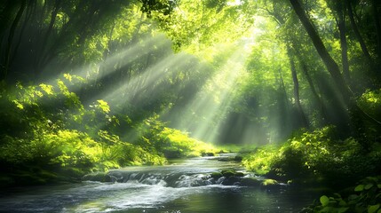 Obraz premium Light pierces through canopy over river in lush forest