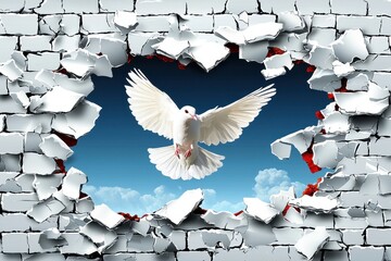 White Dove Breaking Through Brick Wall - Symbol of Hope, Freedom, and Peace