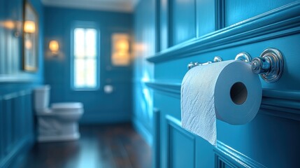 Toilet paper roll in blue bathroom interior with toilet in background