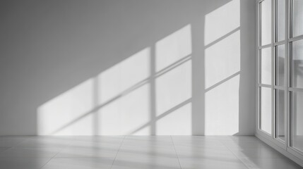 Fototapeta premium A minimalist white room features a large window, allowing natural light to illuminate the pristine white floor and create a serene atmosphere.