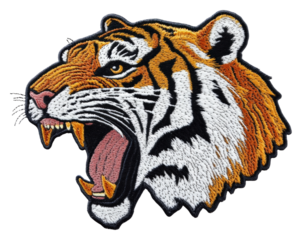 Roaring tiger emblem wildlife embroidery vibrant. Patch design isolated