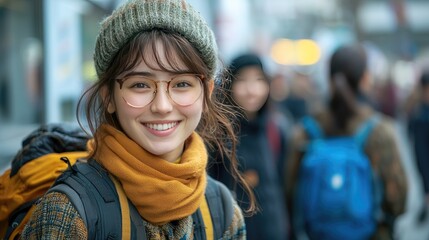 Smiling young woman in winter attire with glasses, walking through a busy urban street scene