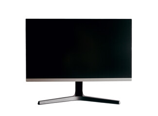 A black computer monitor on a white table. Mock up for design, teplate. Stylish minimalist interior. Gray background.