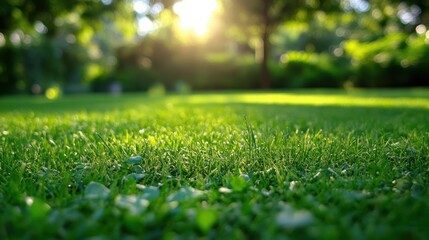 Fototapeta premium A vibrant close-up of a green lawn illuminated by sunlight filtering through lush trees, showcasing nature's beauty and tranquility.