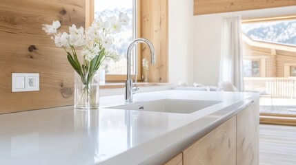 A decorative vase filled with vibrant flowers sits atop a kitchen counter, adding a touch of color and freshness to the culinary space.