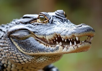 Obraz premium Close-Up of a Realistic Crocodile Head Showcasing Textured Scales and Sharp Teeth Against a Natural Background