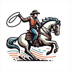 A cowboy on a rearing horse, swinging a lasso