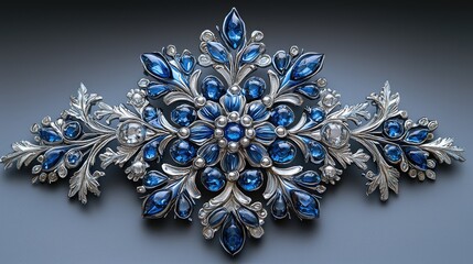 Naklejka premium Ornate silver and blue gemstone brooch showcasing intricate floral design with detailed craftsmanship