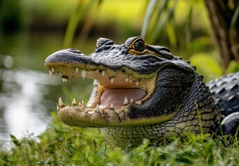 Fototapeta premium Close-Up of a Reptile with Sharp Teeth and Distinctive Eye Pattern by a Calm Water Body Surrounded by Lush Greenery in a Natural Habitat