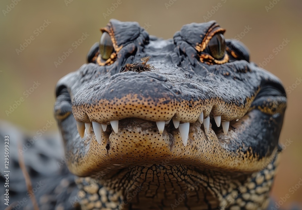 Poster close-up of a reptile with sharp teeth and intense eyes captured in natural habitat, displaying uniq