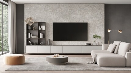 A cozy living room featuring a comfortable couch, stylish coffee table, and modern television for relaxation and entertainment.