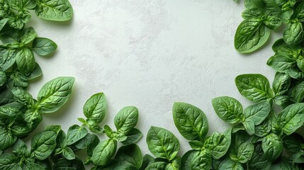 Fresh Green Mint Leaves Border on White Background