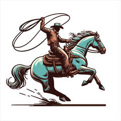 A cowboy on a rearing horse, swinging a lasso