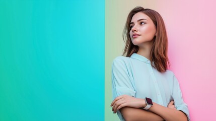 Obraz premium Young woman with smartwatch, standing against vibrant turquoise and pink background