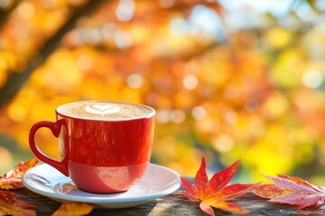 A cup of coffee rests on a saucer, accompanied by a delicate leaf, creating a serene and inviting atmosphere for relaxation.