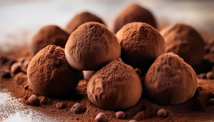 Close-up of chocolate truffles dusted with cocoa powder, showcasing tiny granules and the rich, velvety texture.