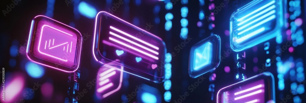 Leinwandbilder Floating message bubbles and glowing notifications create a vibrant social media chat atmosphere at night. Generative AI