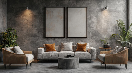 Modern living room with stylish furniture and textured concrete wall