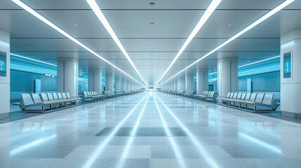Fototapeta premium Modern airport hall with empty seats, sleek design, and clean lines
