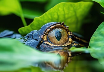 Fototapeta premium Close-Up of Alligator Eye Surrounded by Green Leaves in a Serene Wetland Environment, Capturing Nature's Intricate Beauty and Wild Spirit