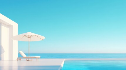 Obraz premium A serene setting featuring a white umbrella and a single chair positioned beside a tranquil pool, perfect for relaxation and leisure.