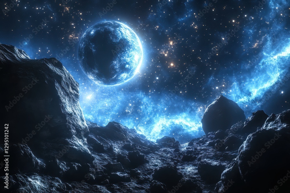 Wall mural cosmic outer space abyss with planets and asteroids surrounding it, abstract galaxy landscape, astro