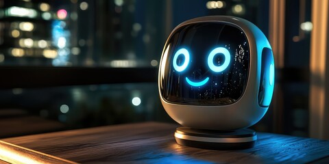 AI robot with a metallic sheen and an expressive, animated display face