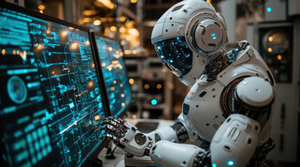 Fototapeta premium Modern tech lab with robotic assistant performing tasks on screens, showcasing advanced technology and innovation