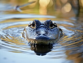 Fototapeta premium Close-Up of Alligator Head Emerging from Water with Ripples and Natural Background in a Serene Habitat