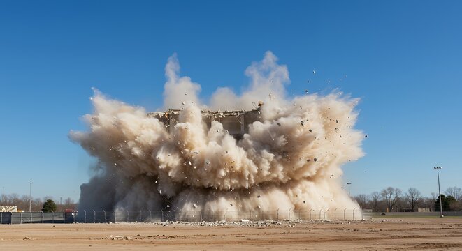 Building Demolition Creating Dust Cloud Explosion Under Clear Blue Sky