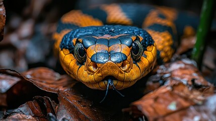 Fototapeta premium Close-up of venomous snake in forest leaf litter