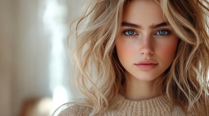 Blonde woman with blue eyes indoors, soft background light